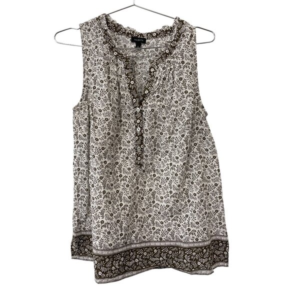 Talbots Top Size Medium Floral Sleeveless White Brown Lightweight Boho Cottage - Picture 1 of 6